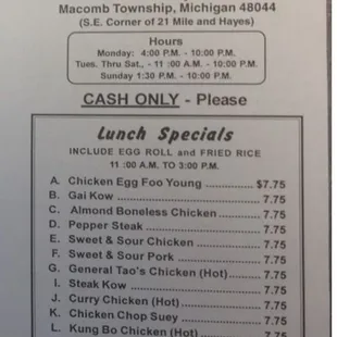 Current menu with prices, my most FAVORITE Chinese restaurants within 25 mile radius! Note* cash only. Mr. Wong is magical with his woks!
