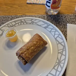 Nicely cooked egg roll stuffed with ?  And sauce to dip in.  Thursday 1/30/2025