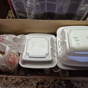 Thick box for carry out lunches + labeled.  But no Fortune Cookies with order :-( .  Large portions of lunch Entrees. :-)  1/30/2025
