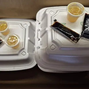 3 Lunch Entrees packed and stapled for ride home in box. Bummed that I didn&apos;t notice that No Fortune Cookies. Plum &amp; soy sauce.  1/30/2025