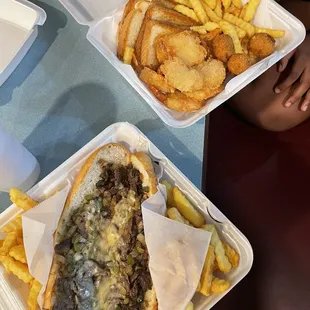 Philly Sandwich with Fries &amp; Drink, 8 Piece shrimp Platter with Fries &amp; Drink