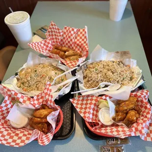 four baskets of food on a table