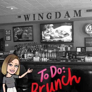 a cartoon of a woman standing in front of a bar