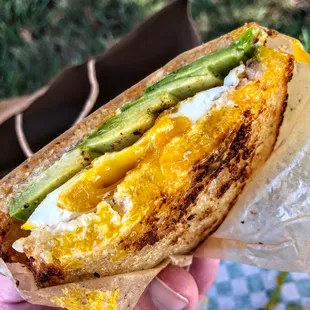 One of the best egg sandwiches you can get anywhere near, pictured with avocado instead of bacon and served on their unique semolina bread.