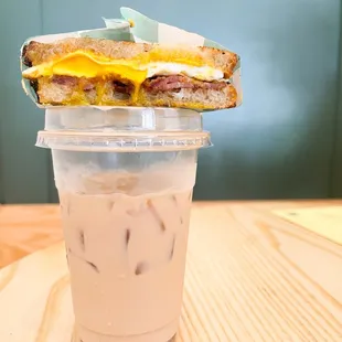 Breakfast egg sandwich and iced vanilla latte