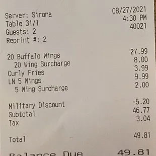 Surcharge, additional $2 per 5 wings