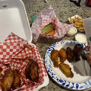 20 piece wings, 3 flavors, veggie sticks and fries