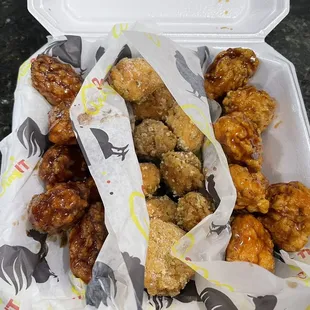 25 count boneless chicken wings, flavors from left to right. Dr. Pepper BBQ Garlic Parmesan Teriyaki Glaze