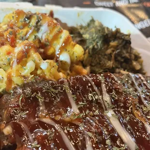 Ribs, macaroni and cheese, collard greens
