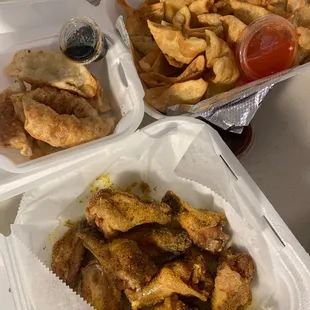 2 orders of Crab Rangoons, Fried Potstickers, 10 piece Lemon Pepper Wings