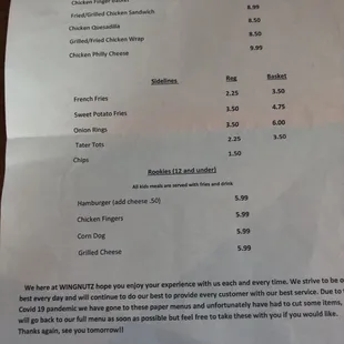 the price of the menu