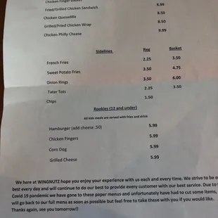 the price of the menu