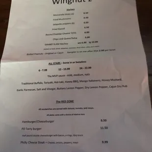 the menu for the restaurant