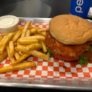 Buffalo Chicken Sandwich with Inferno Sauce Fries and a Pepsi