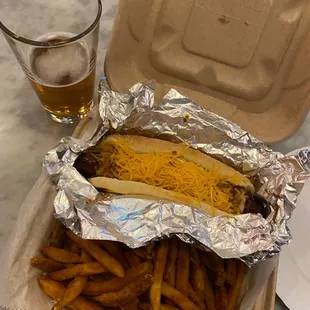 Chili cheese dog with seasoned fries and a Kona Big Wave. PERFECT pre- pass out food after a night of drinking.