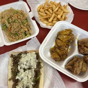 Fried Rice, Fries, Steak Philly, Lemon Pepper (Wet) &amp; Honey Garlic Wings