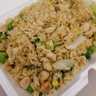 Chicken Fried Rice. Rice, peas, carrots, bell pepper, Onions, string beans, broccoli.  It was dry and bland.