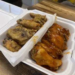 Lemon Pepper &amp; Mango Habanero wings. Just the right amount of kick. Crispy on the outside and super juicy inside.