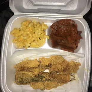 Fish, Mac and cheese and yams...Yummy