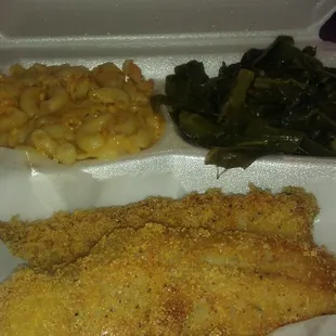 Pan Fried Whiting Fish with Baked Mac N Cheese and Fresh Collard Greens
