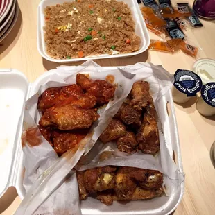 Wings combo #6: 10 lemon pepper, 10 crazy, 10 jerk wings, 3 sodas, and substituted large fry with fried rice for $25.25.