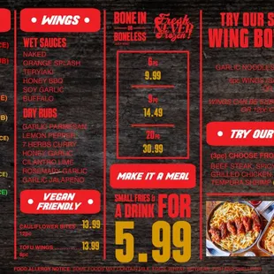 Menu for wings and wing bowl