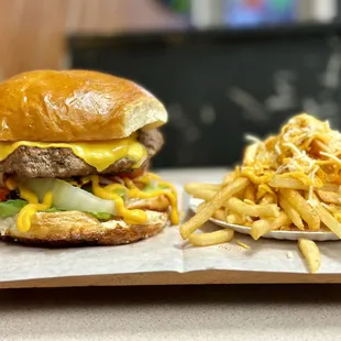 a cheeseburger and fries