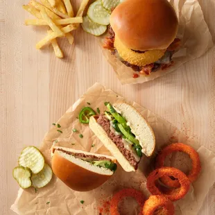 two burgers and french fries