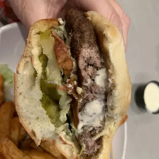 Inside of the bacon bleu burger