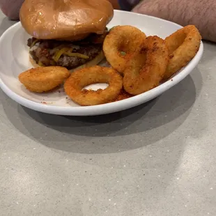 BBQ bacon burger and seasoned onion rings