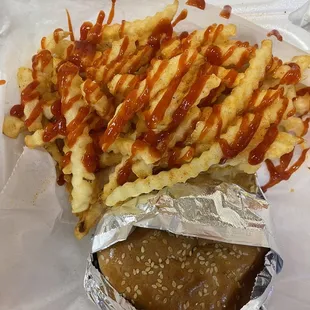 french fries with ketchup and sauce