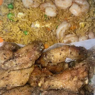 fried rice with shrimp and veggies, honey garlic pepper wings