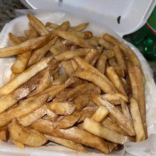 french fries in a styrofoam container