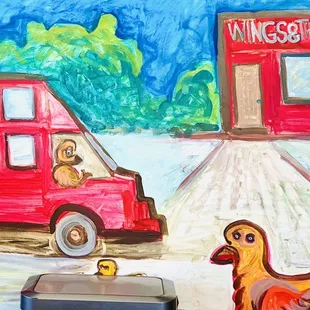 a painting of a chicken and a bus