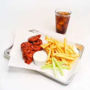 a tray of food and a drink