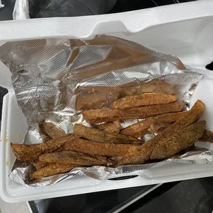 &quot;Fries&quot;. Soggy, maybe breaded?