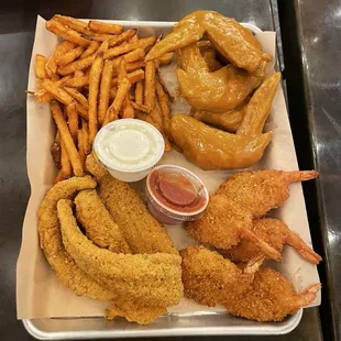 Honey wings, fish, shrimp, sweet potato fries