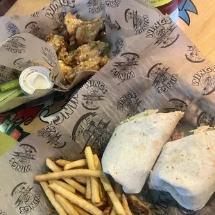 Buffalo Chicken Wrap, Gar-Licky Parm traditional wings and fries