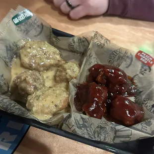 Boneless wings  Garlicky parm &amp; peach chipotle bbq