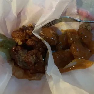 Boneless chicken wings. Half teriyaki sauce, half honey mustard.