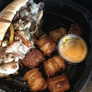 Chicken philly with pretzel bites