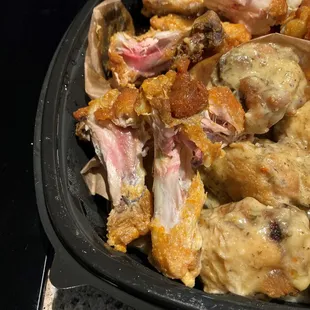 Med sauce, parm garlic with partially cooked chicken