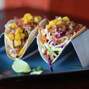 two tacos on a blue plate