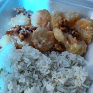 My leftovers. Walnut Shrimp and steamed rice.