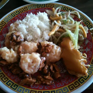 Walnut shrimp, egg foo young, pork chow mein, &amp; steamed rice