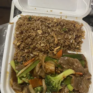 Szechuan beef with chicken fried rice