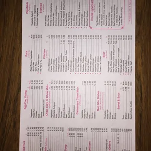 Back of menu