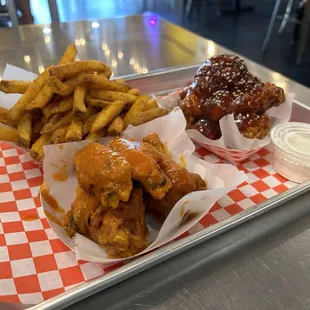 Traditional Buffalo wings, Korean wings, Seasoned fries