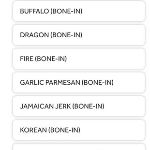 Wing Flavors. 4/2024. Verify on website.