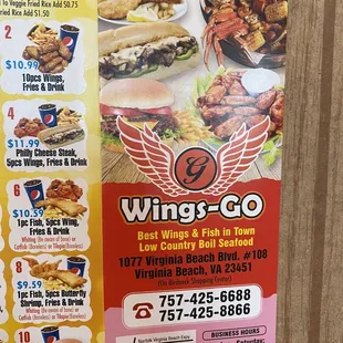 a menu for wings go